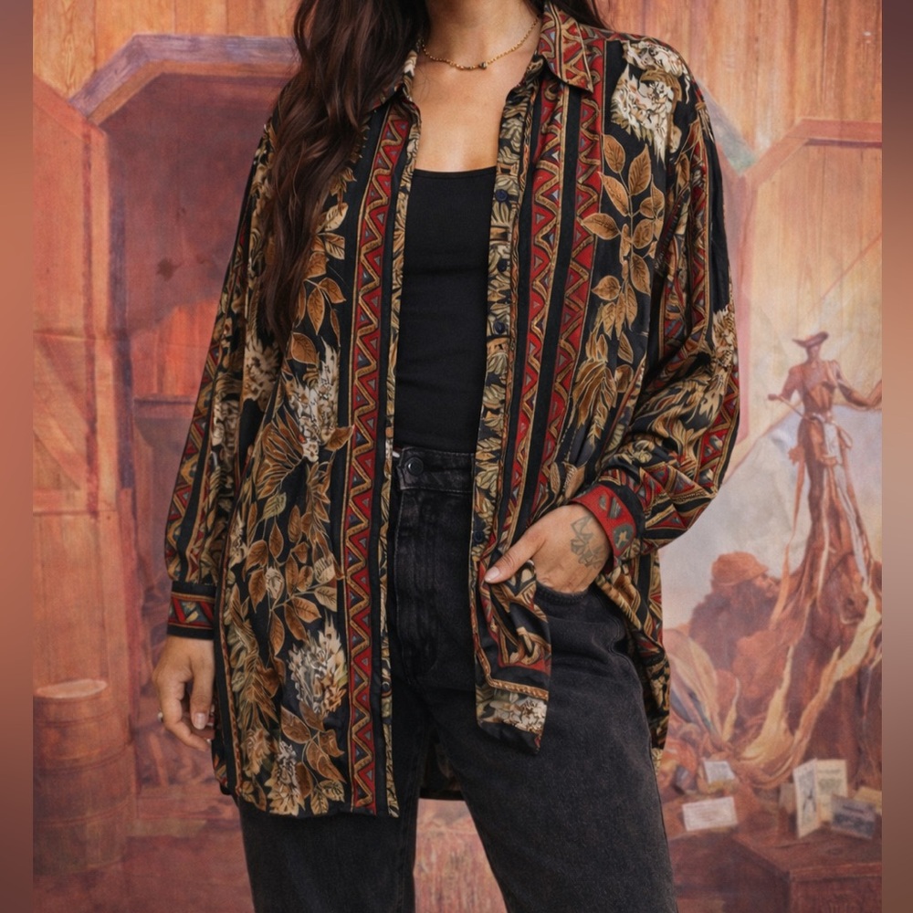 Vintage Tall Girl Rayon Button-Up Shirt | Leaf & Geometric Print